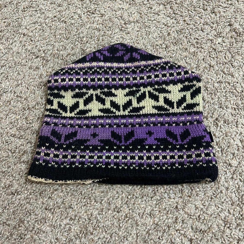 Smiley Purple, Black & Cream Patterned Knit Beanie Pure Wool Cotton Spandex USA